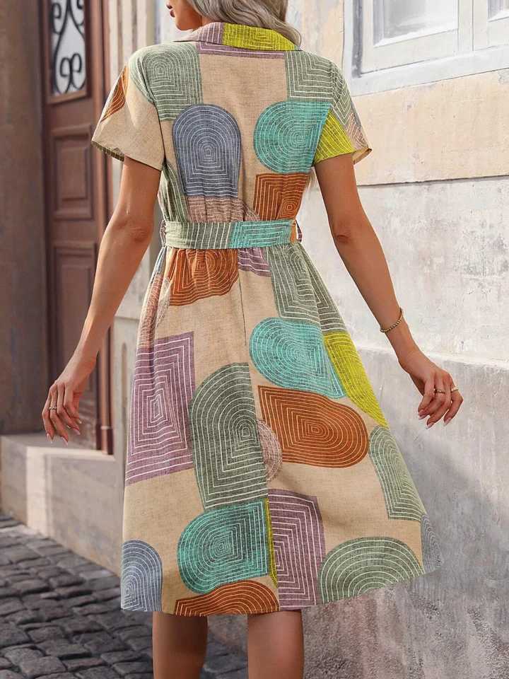 Womens Summer Geometric Printed Short-Sleeve Casual Shirt Dress Suitable for Daily WearT260314