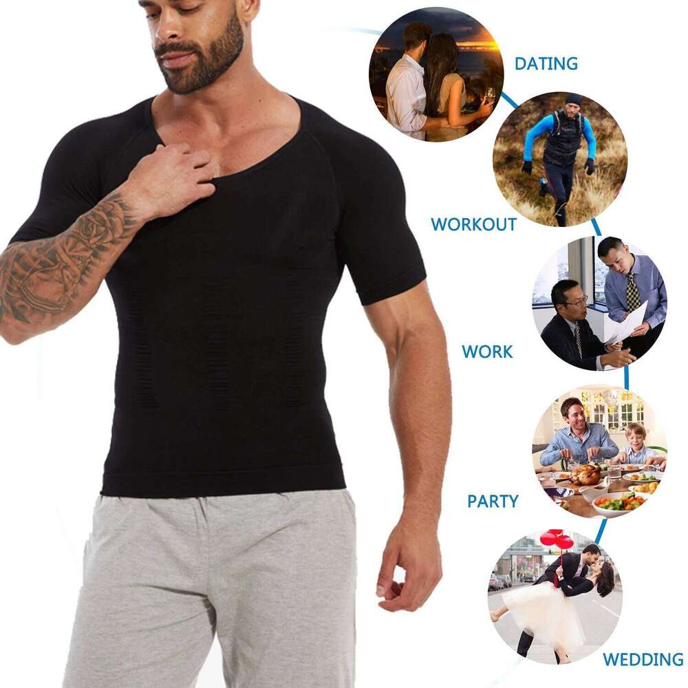 Men's Short Sleeve Compression T-Shirt V-neck Shapewear Tummy Control Flat Belly Tank Top Fitness Workout Slimming Body Shaper 26Y0313