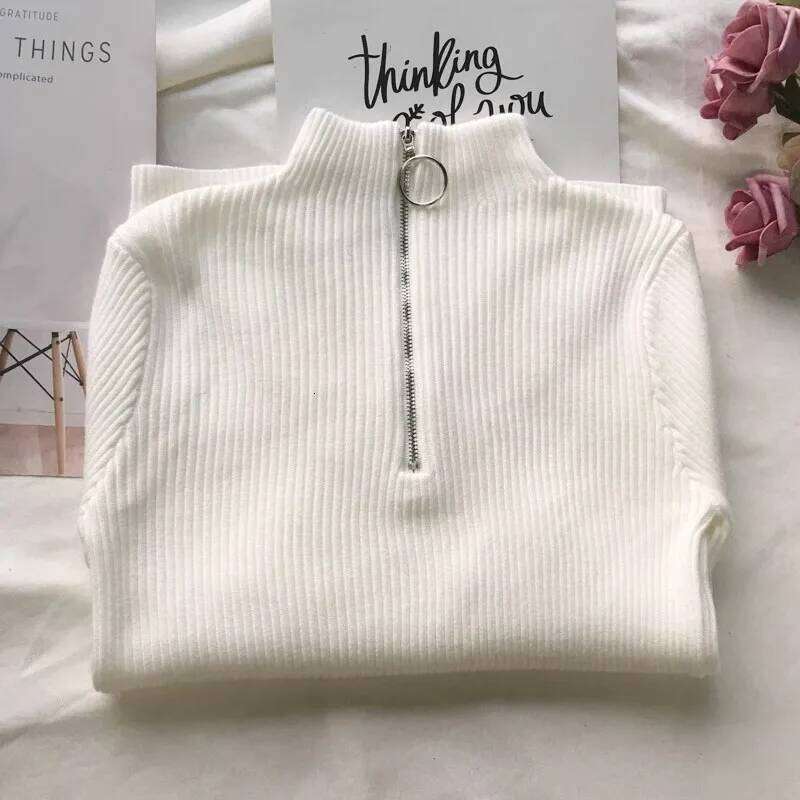 Autumn Winter Turtleneck Women Long Sleeve Zipper Neckline Pullover Female Sweater Slim Basic Knitted Jumpers Z260314