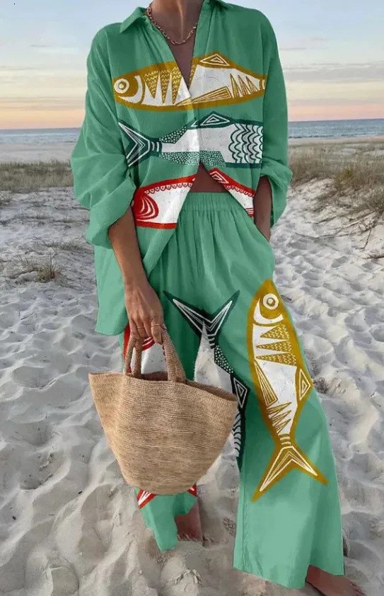 Summer Women Casual Print Two-piece Set Clothing Seaside Tropical Vacation Style Printed Lapel Shirt Wide-leg Trousers Set 260309
