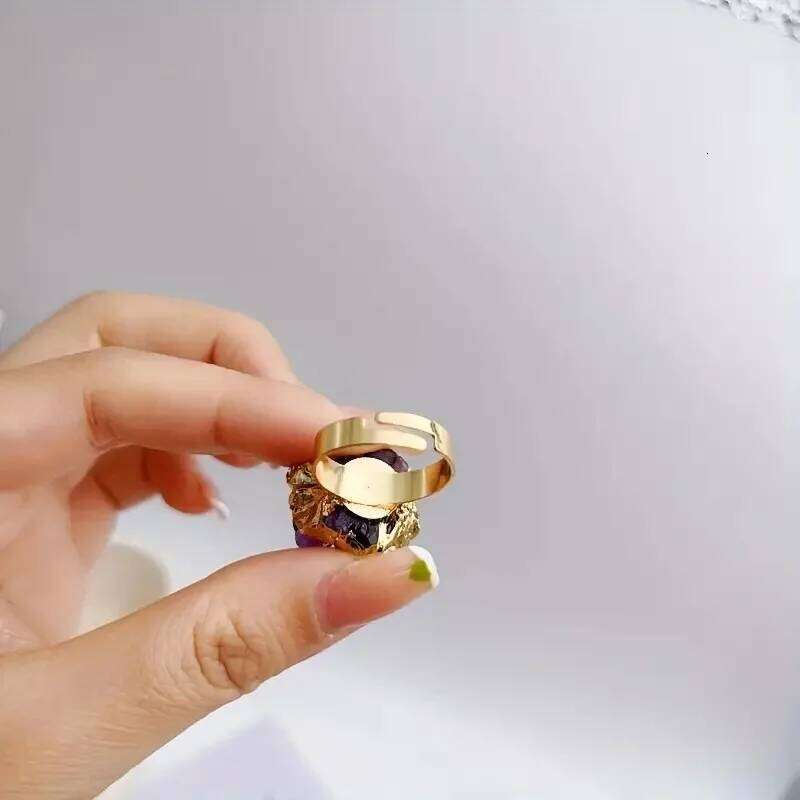Natural Crystal Reiki Rings Raw Irregular Amethyst Cluster Geode Druzy Adjustable Finger Ring Resizable H260312