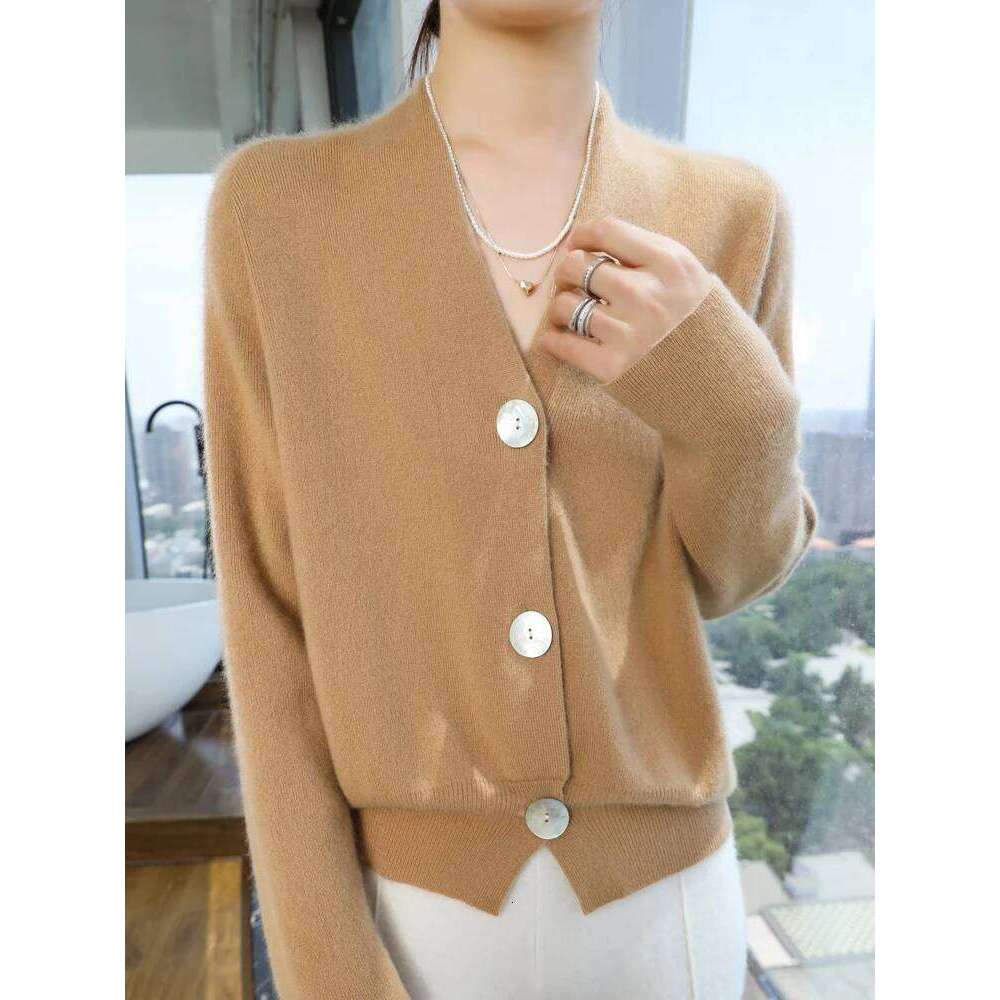 Women Sweater V-neck Cardigan Autumn Winter 30% Cashmere And 70% Merino Wool Knitwear Long Sleeve Soft Solid Grace Tops Z260313