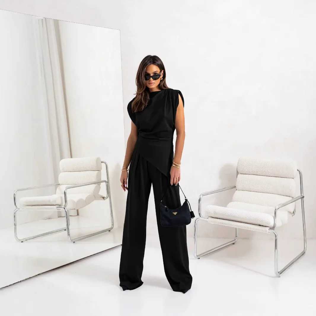 Womens Pleated Asymmetry Top Pants Suit Sexy Sleeveless Blouse High-waist Pocket Straight-leg Trousers Summer New Set Fashion M260313