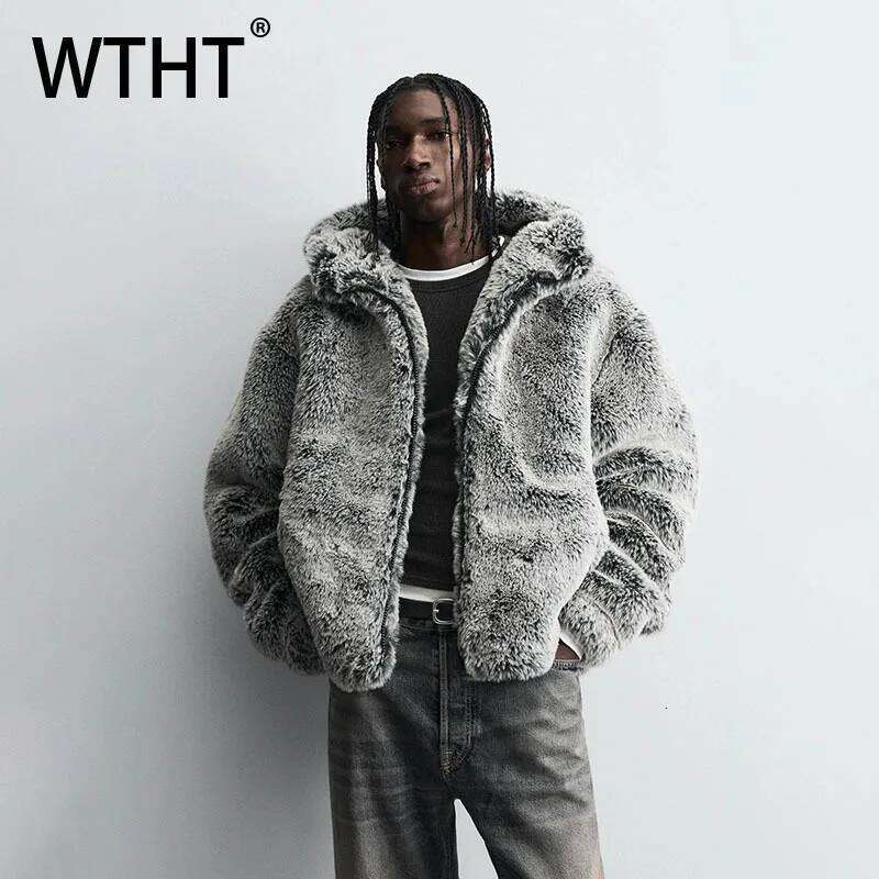 WTHT Fashion Men's Solid Color Thicken Faux Fur Coats Trendy American Style Hooded Loose Jackets Male 2025 Autumn 2A2284 Z260313