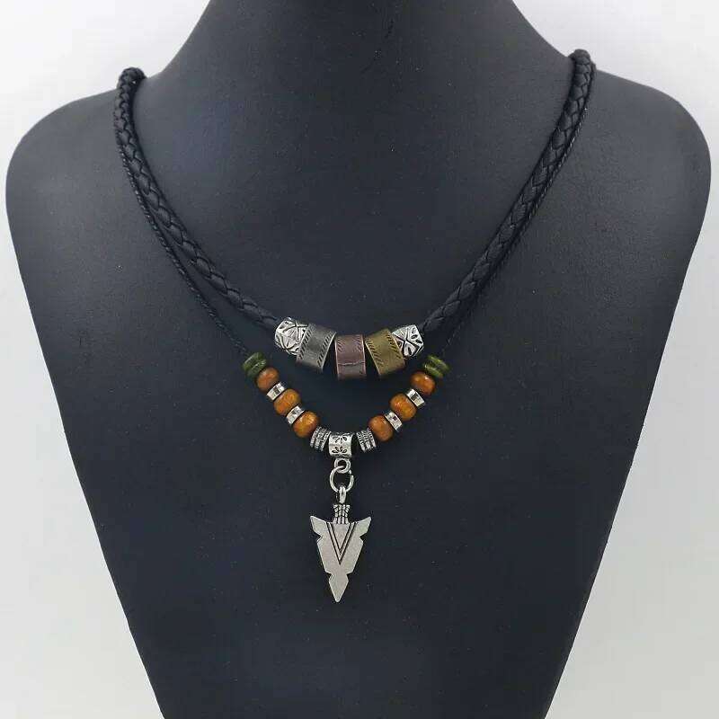 Stacked Artificial Leather Rope Beaded Vintage Layered Tribal Arrow Pendant Necklace For Men Jewelry Collar Hombre H260312