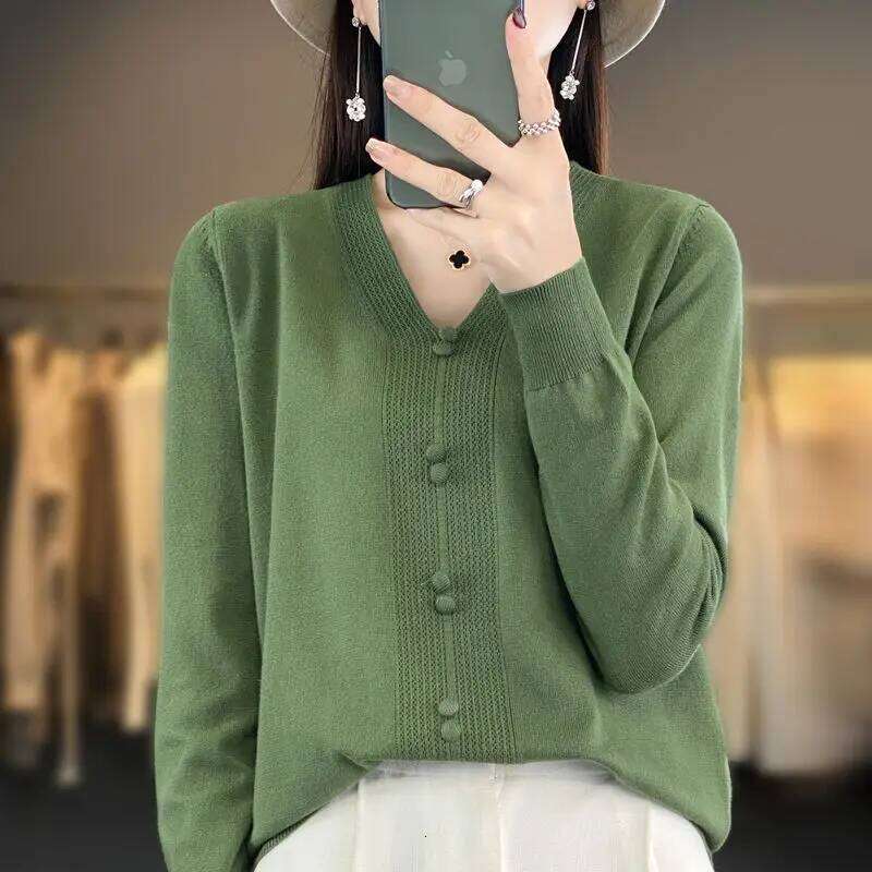 Fashion V Neck Button Detail Knit Sweater Versatile Long Sleeve Pullover Top Z260313