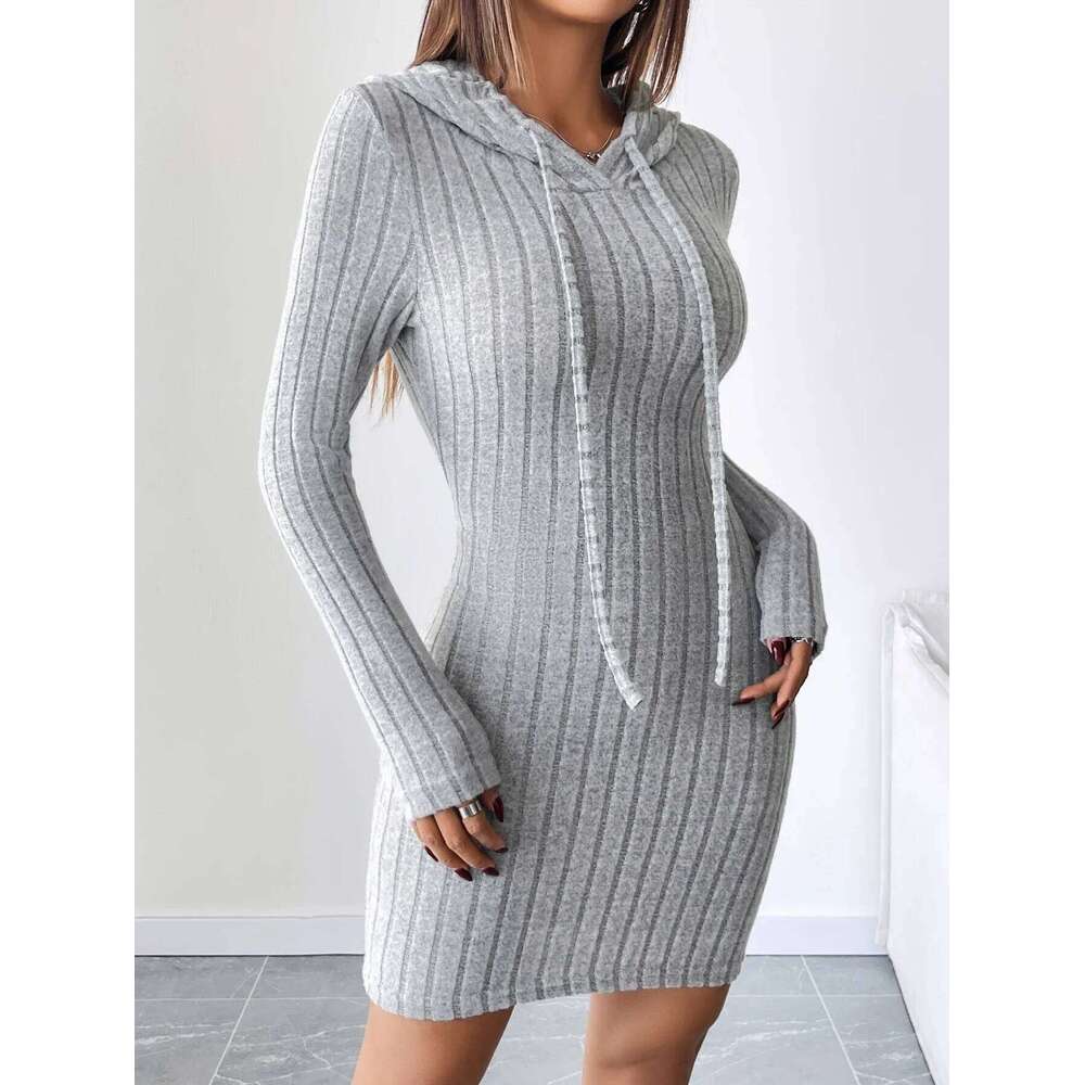 Trendy Ribbed Knitted Hooded Slim Fit Dress with Drawstring - Comfortable Casual Style for Women Z260313