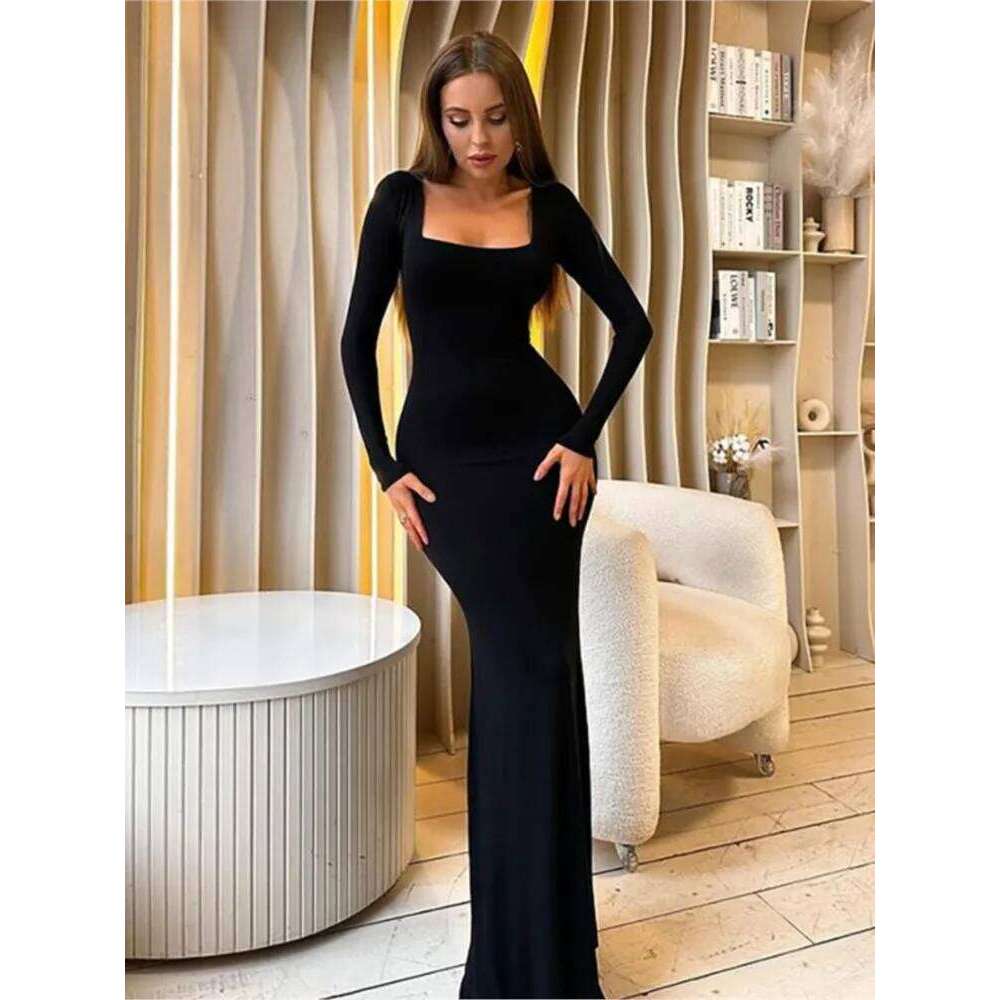 Sexy Black Slim Dresses Women Long Sleeve Square Collar Low Cut Package Hip Bodycon Maxi Dress Fashion Party Club Vestidos Z260314