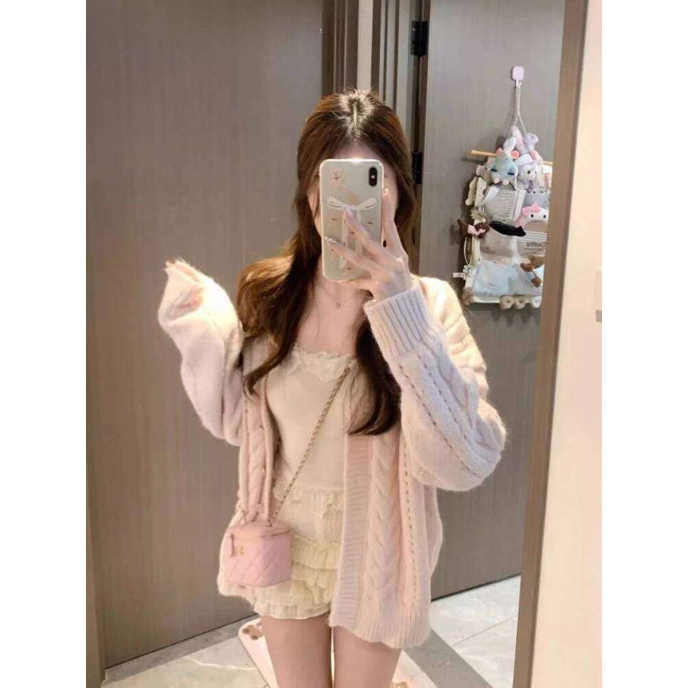 Women Sweet Kawaii Pink V-Neck Sweater Coat Autumn Winter Casual Loose Fashion Knit Cardigan Ladies Y2k Elegant Chic Top New Z260313
