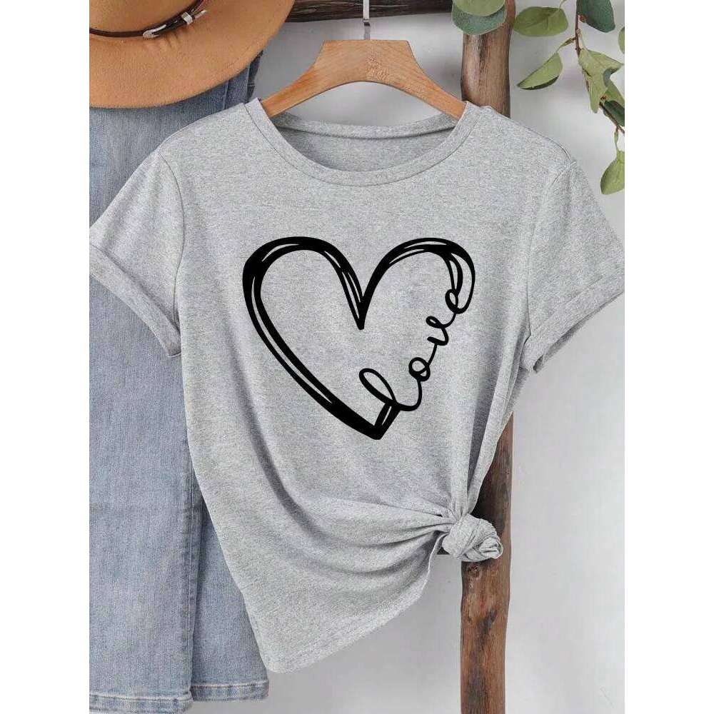 Love Heart Printed Trend Women Fashion Clothing Graphic T-shirts Clothes Print Female Shirt Short Sleeve Lady Casual Tee Z260314