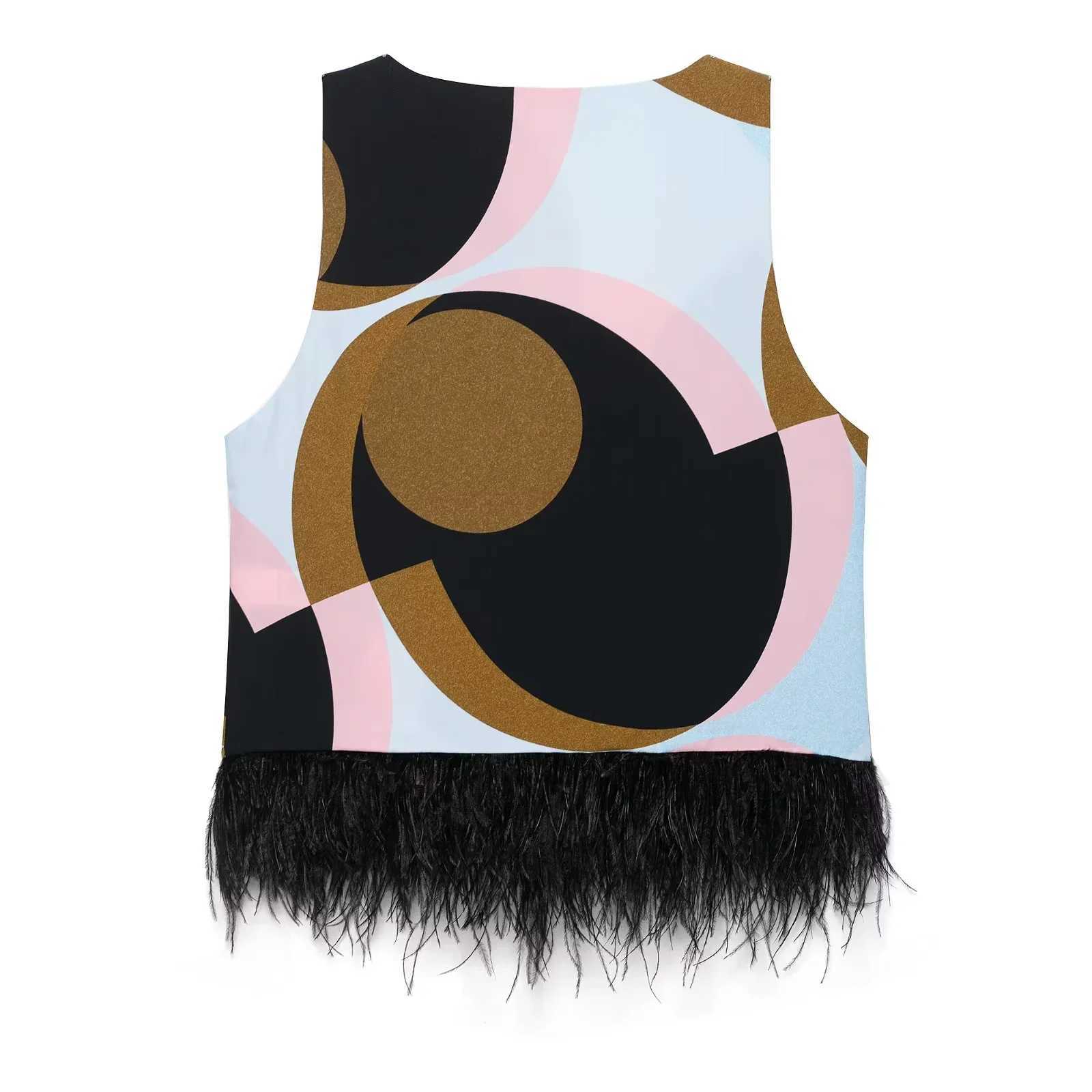 Geometric Print Patchwork Vest Pants Sets For Women 2 Piece Feather Decoration V-Neck Tank Tops Suits Casual Woman Outfits M260313