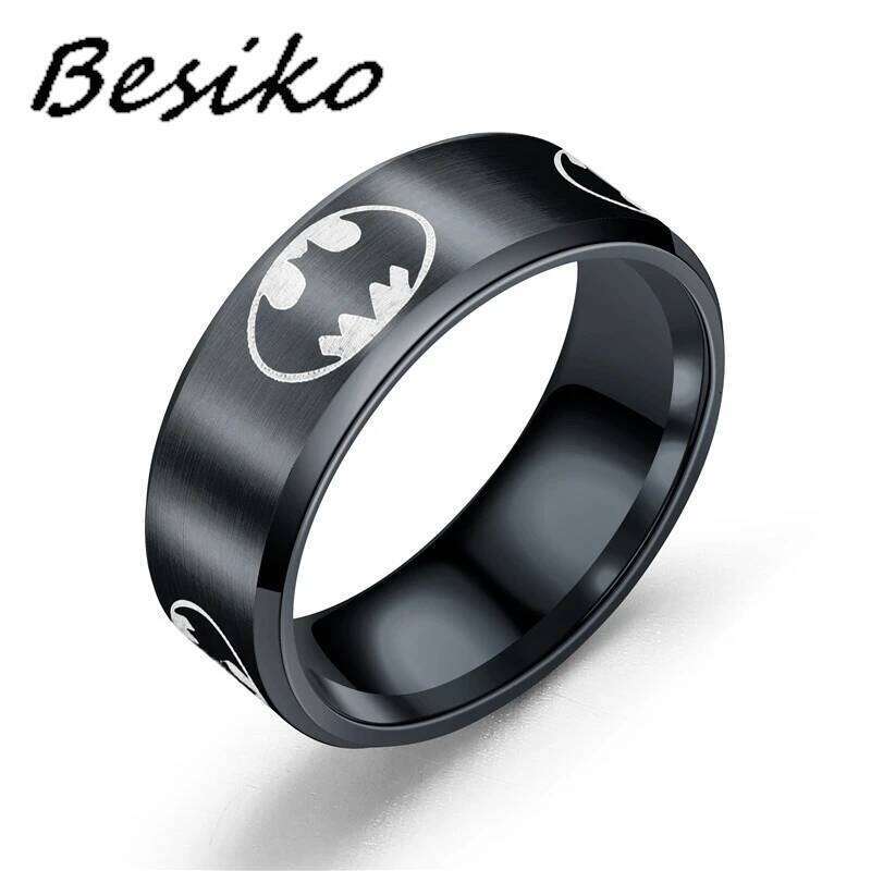 Besiko 8mm Bat Logo Black Rings Stainless Steel For Women Men Anime Fans Ring Jewelry Wholesale Dropshipping H260312