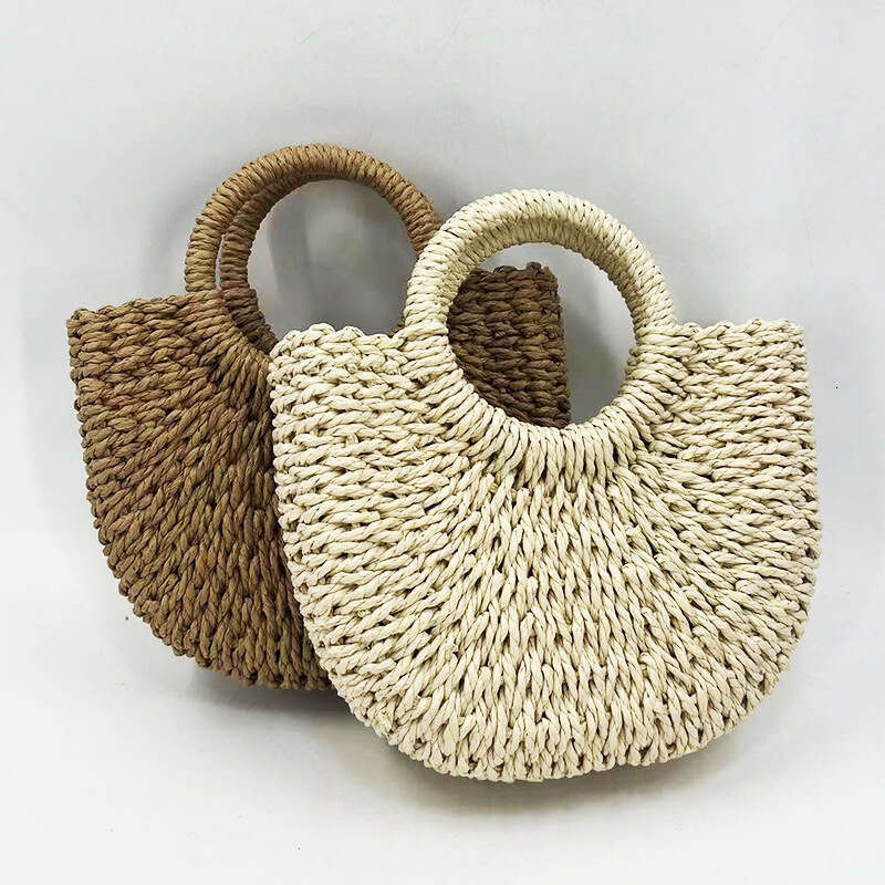 In Stock Wholesale Handmade Straw Two-Tone Paper Rope Casual Handbag Beach Semi-Circular Woven Bag