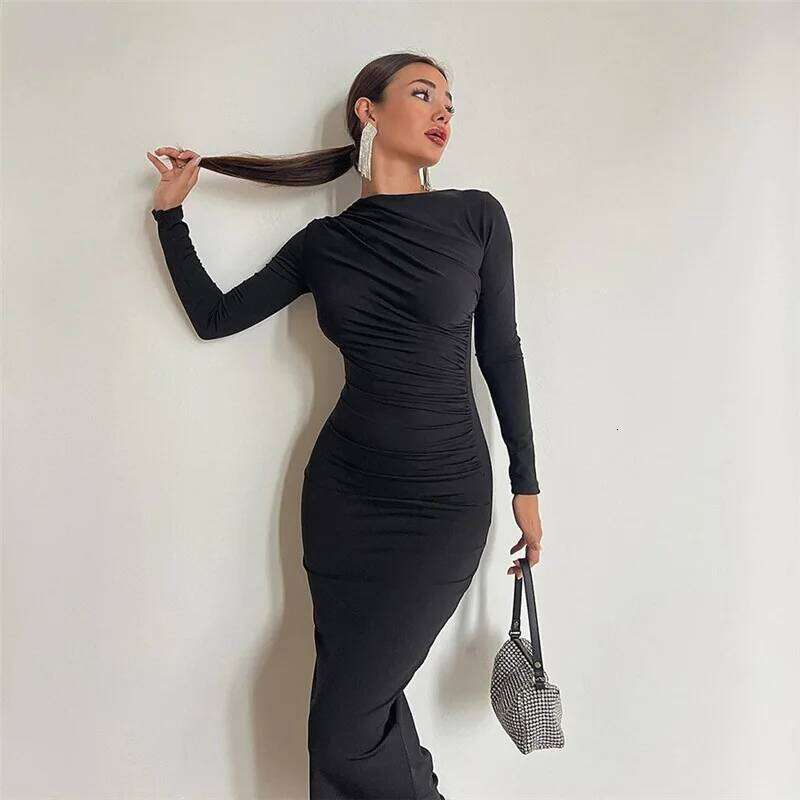 Autumn and Winter New Women's Round Neck Long-sleeved Solid Color Fashion Elegant Pullover Long Casual bodycon Dress Z260313