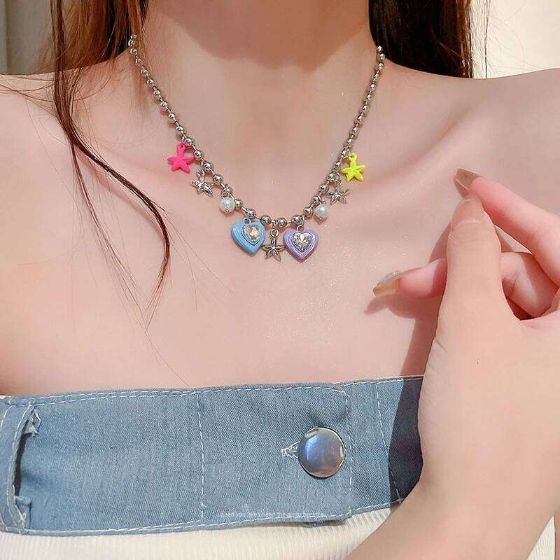 Korean Fashion Colorful Star Pearl Crystal Pendant for women Aesthetic Jewelry Beaded Necklace Clavicle Chain Y2K H260312