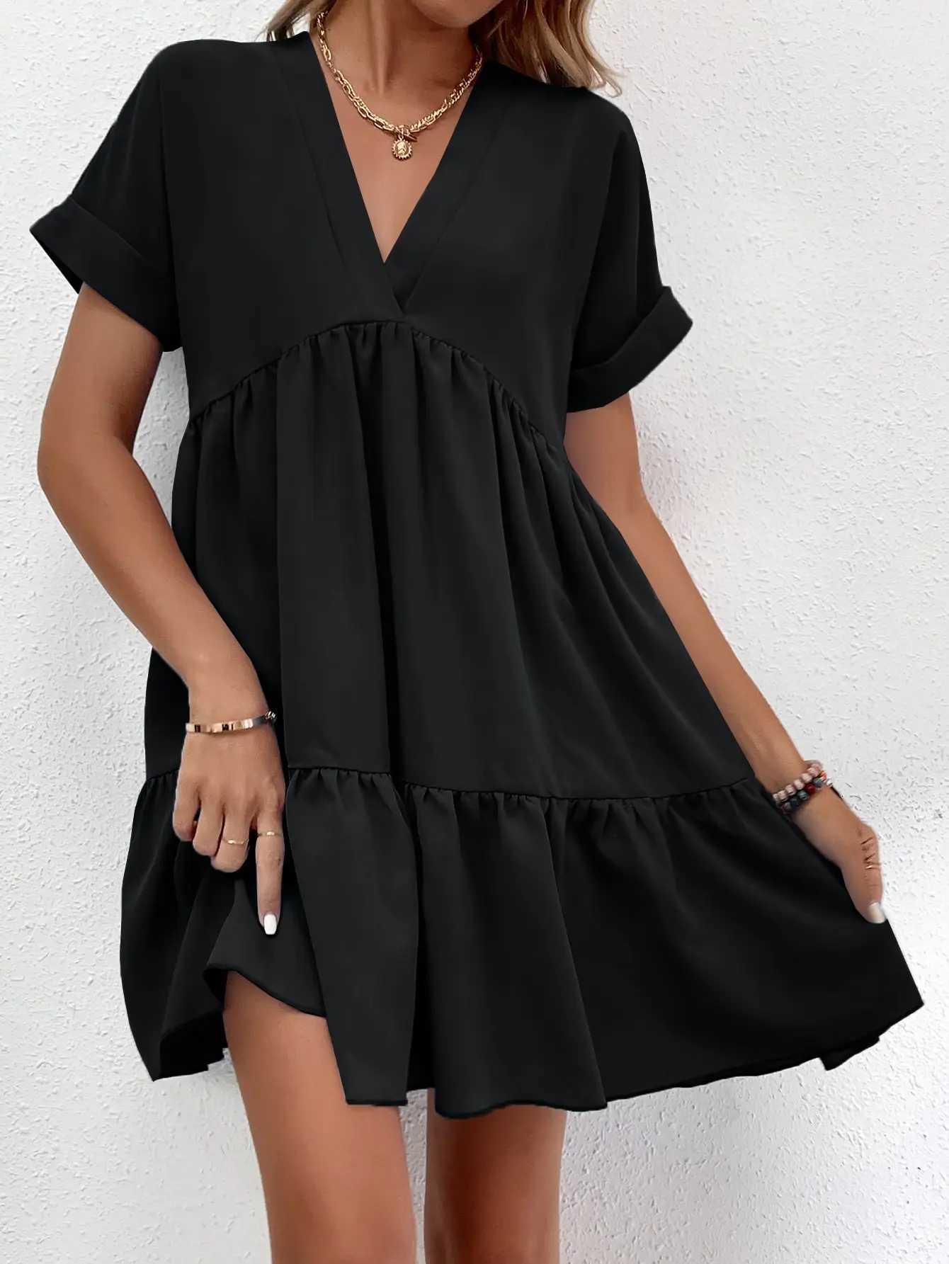 Fashionable womens black V-neck dress satin fabric rolled short sleeves multi-layer ruffled hem casual everyday wearT260314