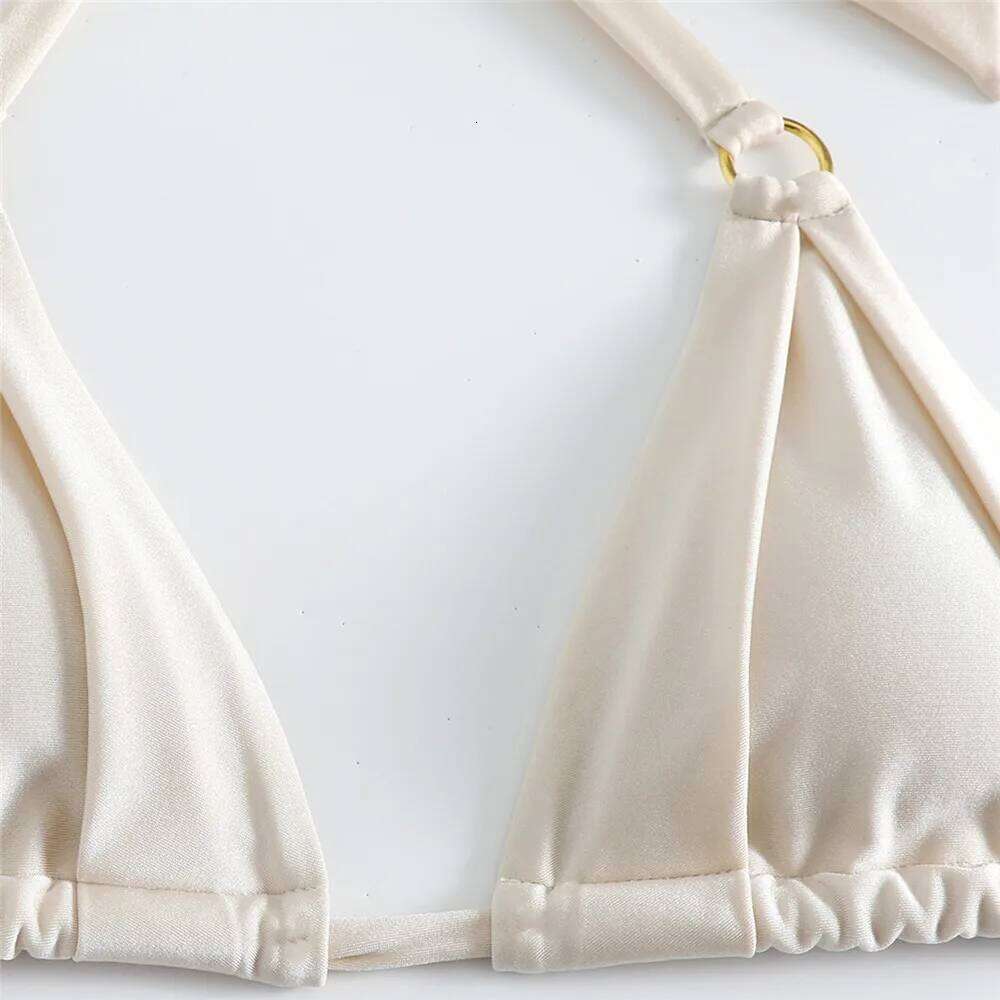 White Ruched Bow Kontted Swimwear Halter Micro Bikini Thong Sexy Swimsuit Women Metal Ring Bathing Suit Bikinis Sets 2025 Bather Y260303