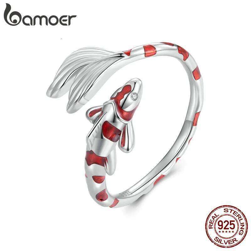 Bamoer 925 Sterling Silver Red Enamel Koi Opening Lucky Fish Tail Adjustable Ring for Women Birthday Gift Fine Jewelry H260312