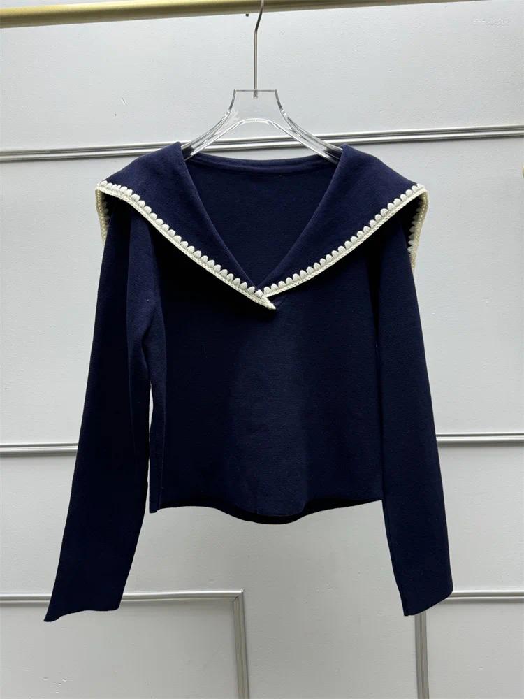 Women's Sweaters Fashion Autumn Winter Knitted Sweater Dark Blue Long Sleeve Slim Fit Elegant Lady Crochet Trim Sailor Collar Pullover