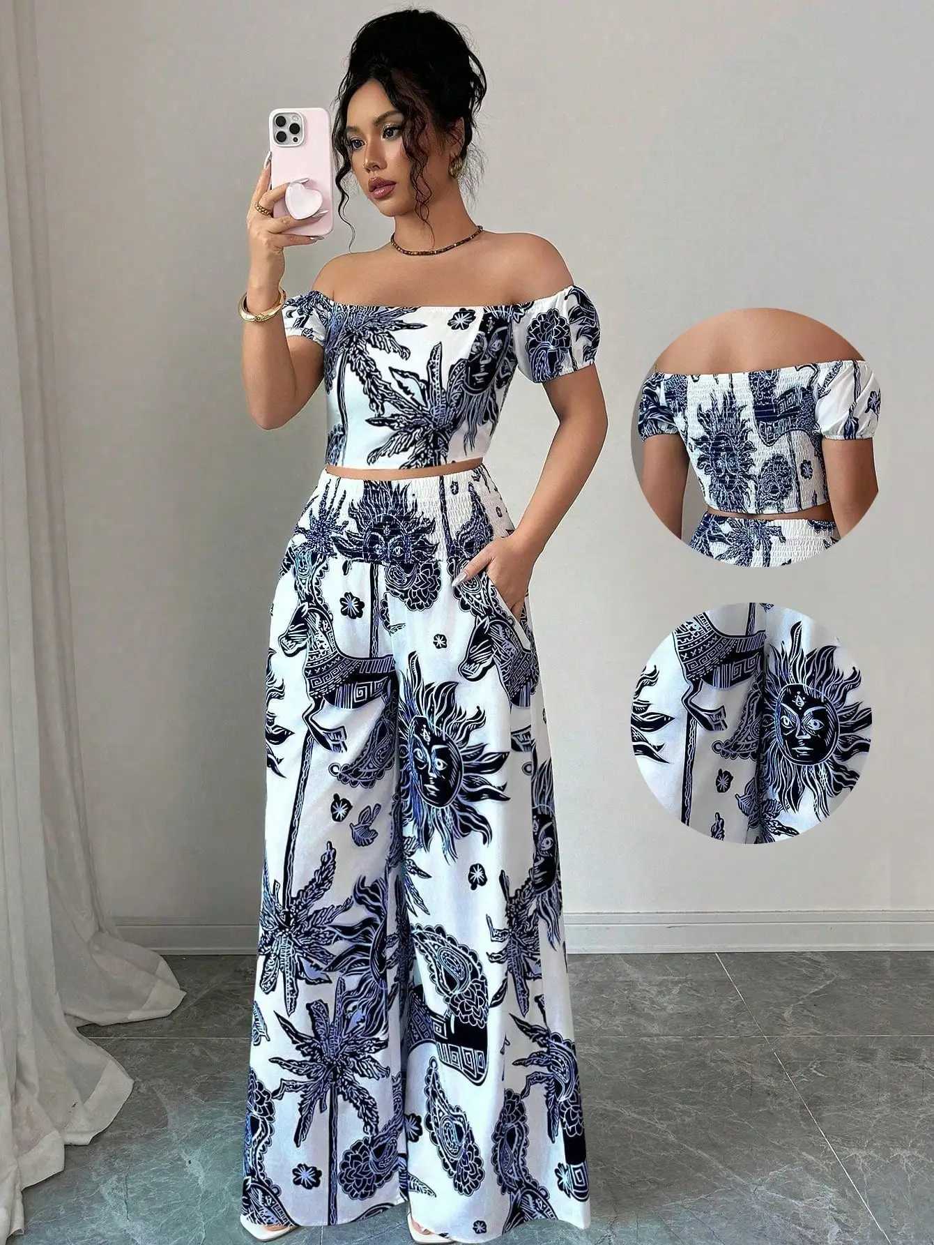 Off-Shoulder Crop Top and Wide-Leg Pants Set with Tribal-Inspired Print M260313