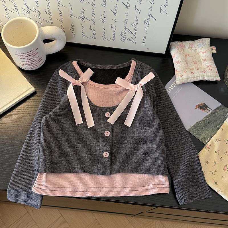 Women's T-Shirt Girls' Sweet Versatile Two-in-One T-Shirt Top Spring New Korean Style Children's Fashionable Stylish Base Shirt