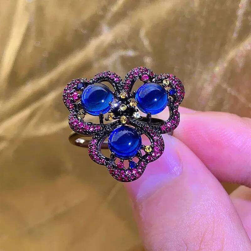 Exquisite Adjustable Statement Ring Hollow Flower Butterfly with Blue Red Gemstone Clusters Trendy Fashion Jewelry for Women H260312