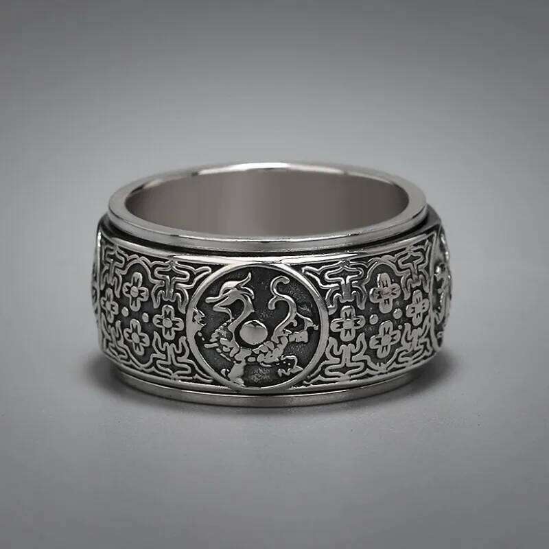 Simple S925 Sterling Silver Rotatable Beast Men's Overbearing Vintage Engraved Ring Boyfriend Birthday Gift Jewelry H260312