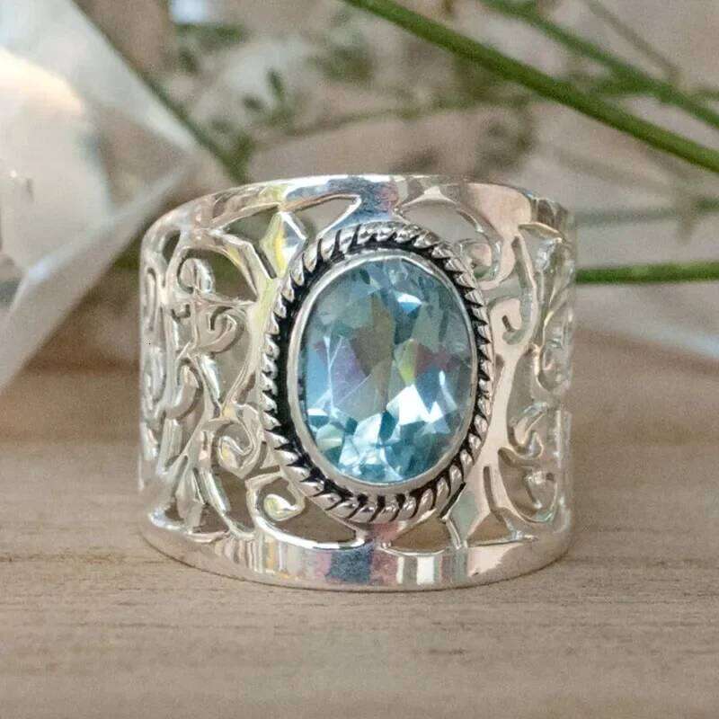 CAOSHI Hollow-out Design Wide Finger Ring Lady Silver Color Sky Blue Stone Jewelry for Anniversary Party Gorgeous Accessories H260312