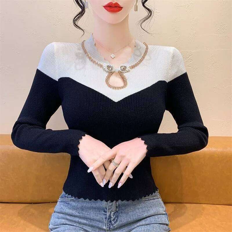 2025 New Color-blocked Knitted Slim Fit Sweater Bottoming Long-sleeved Autumn and Winter Top Z260313