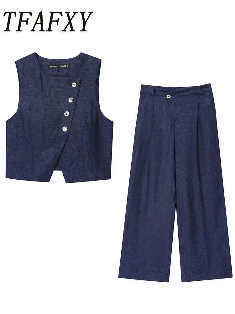 TFAFXY Womens Summer Office Lady Chic Suit Solid O-Neck Vest Straight Loose Button Pants Fashion Autumn Causal Set M260313