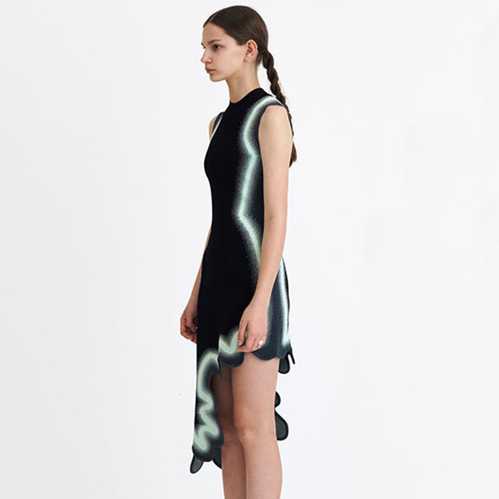 Fashion Contrasting Irregular Hem Slim Dress For Women Elegant Round Neck Sleeveless Midi Dresses Summer Lady High Street Robes 240802