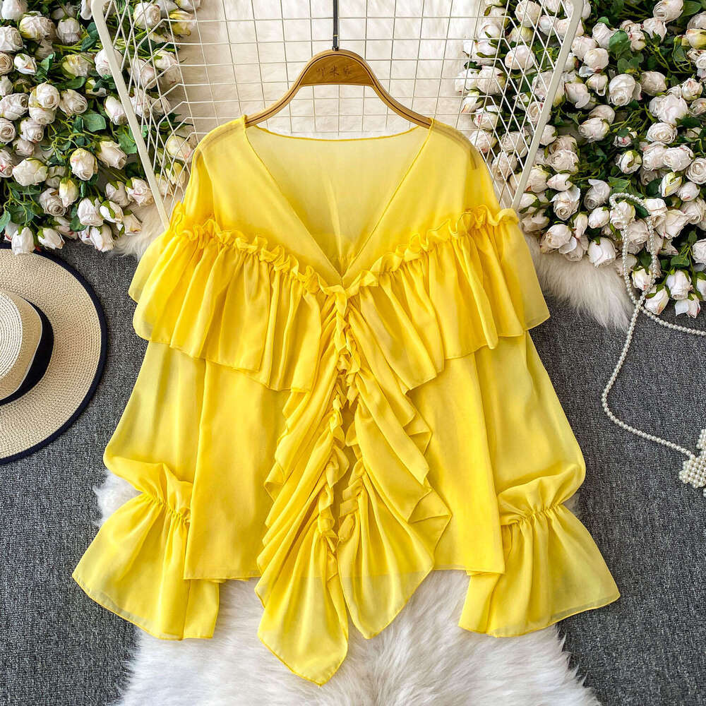 White V-neck bell shaped sleeve sunscreen wrinkle resistant chiffon women's shirt 2026 summer elegant loose A12 fit with ruffled details