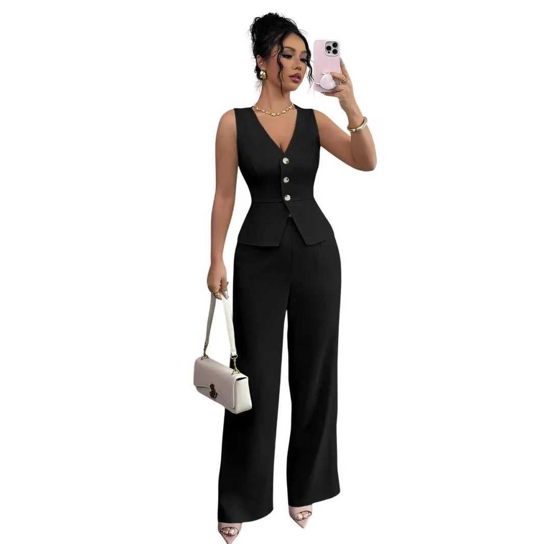 2025 European and American Summer New Solid Color V-neck Sleeveless Slim-fitting Vest High-waisted Trousers Two Pieces M260313
