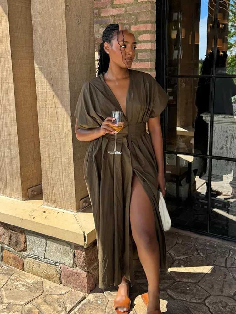 HH Female Summer Elegant Long Dress Solid V-Neck Short Sleeve Bow Lace-Up Single-Breasted Womens Fashion Casual DressT260314