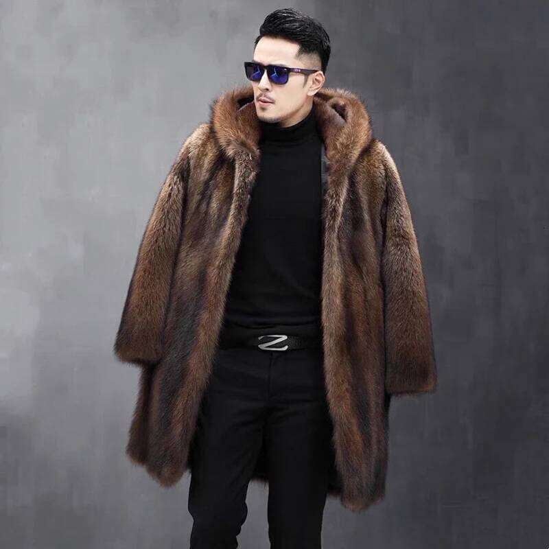 Men's long fur winter warm mink coat hooded jacket loose casual windbreaker Z260313