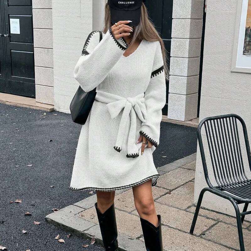 Fashion V-neck Long Sleeve Knitted Pullovers Sweaters Dress Women Elegant Belt Loose Outwear 2025 Autumn Winter Streetwear Z260313