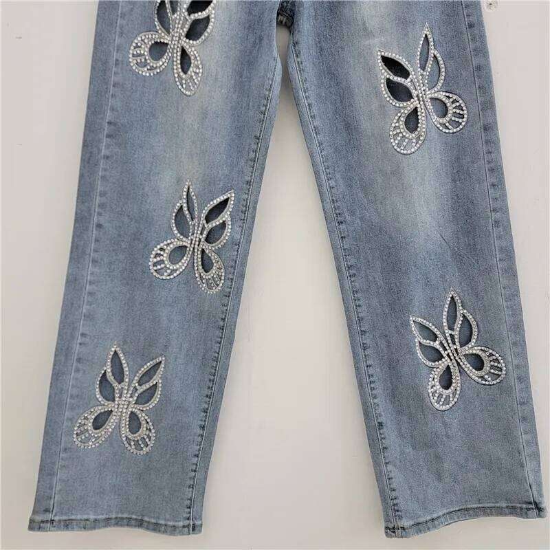 YEAE Women's Jeans High Waist Straight Flowers Shape Hollow Out Rhinestone Wide Leg Denim Pants 2025 New Fashion Spring Z260313