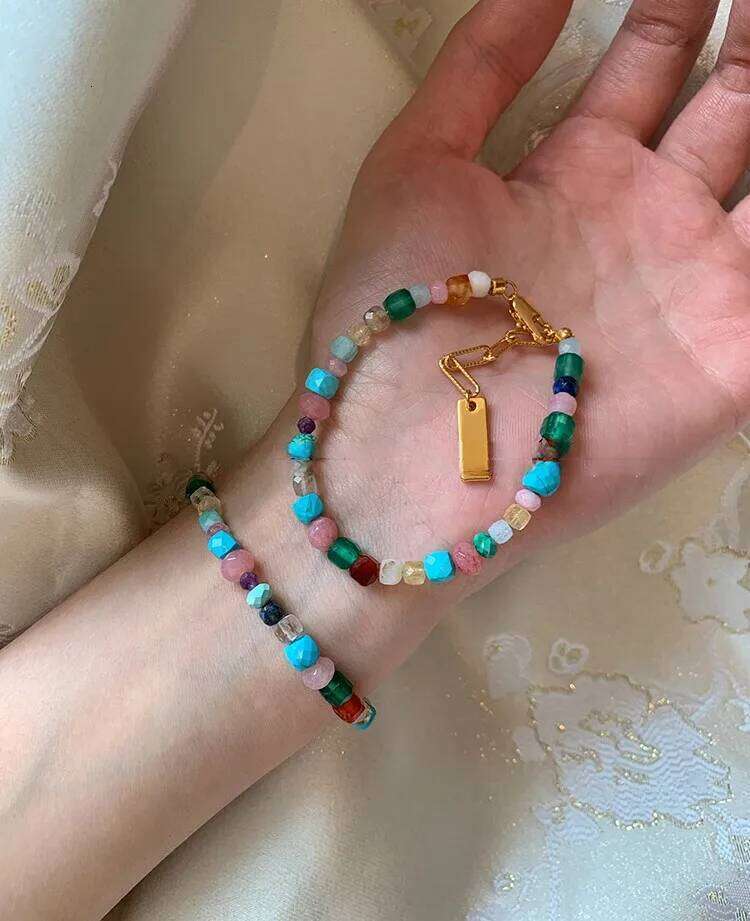 Imitate Colorful Natural Stone Beaded Necklace Women's Sweet and Fashionable Jewelry Set Elegant Accessories Neckchain for Girls H260312