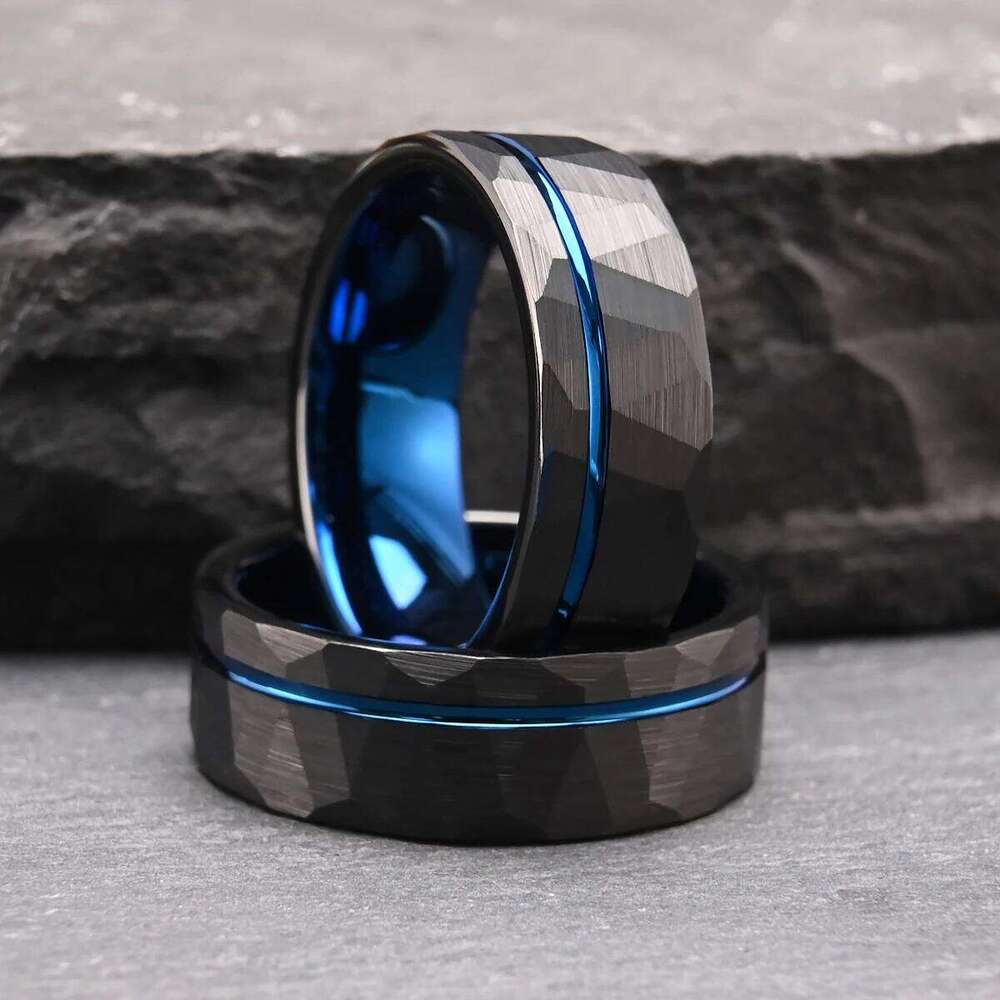 8mm black hammered tungsten steel blue men's wedding ring, fashionable and simple style comfort fit daily gathering H260312
