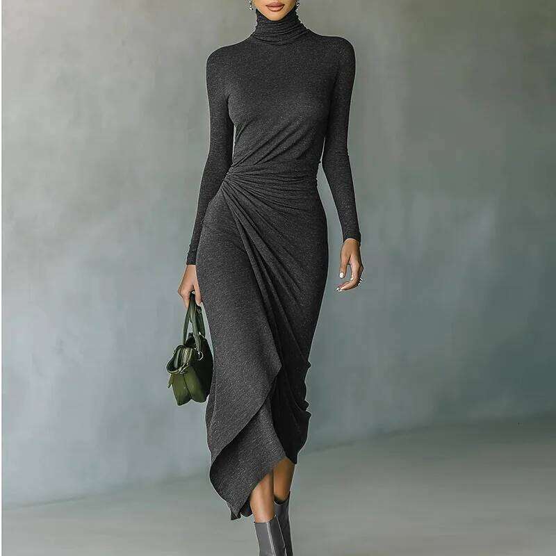2026 Spring Casual Turtleneck Slim Irregular Woman Elegant Solid Draped New Autumn Long Sleeve Femme Boho Dress Z260314