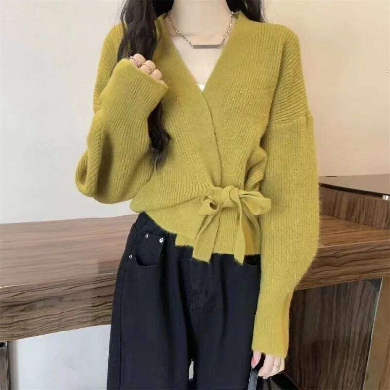 Cross Irregular Tie Up Waist Slimming Sweater Cardigan Women's Spring Autumn Winter Unique Loose Knitted Shirt Z260313
