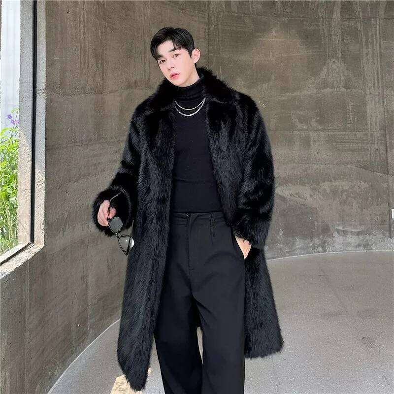 Black Faux Fur Coat Man Fashion Winter Thickened Warmer Fluffy Long Cotton-padded Jacket Overcoat Z260313