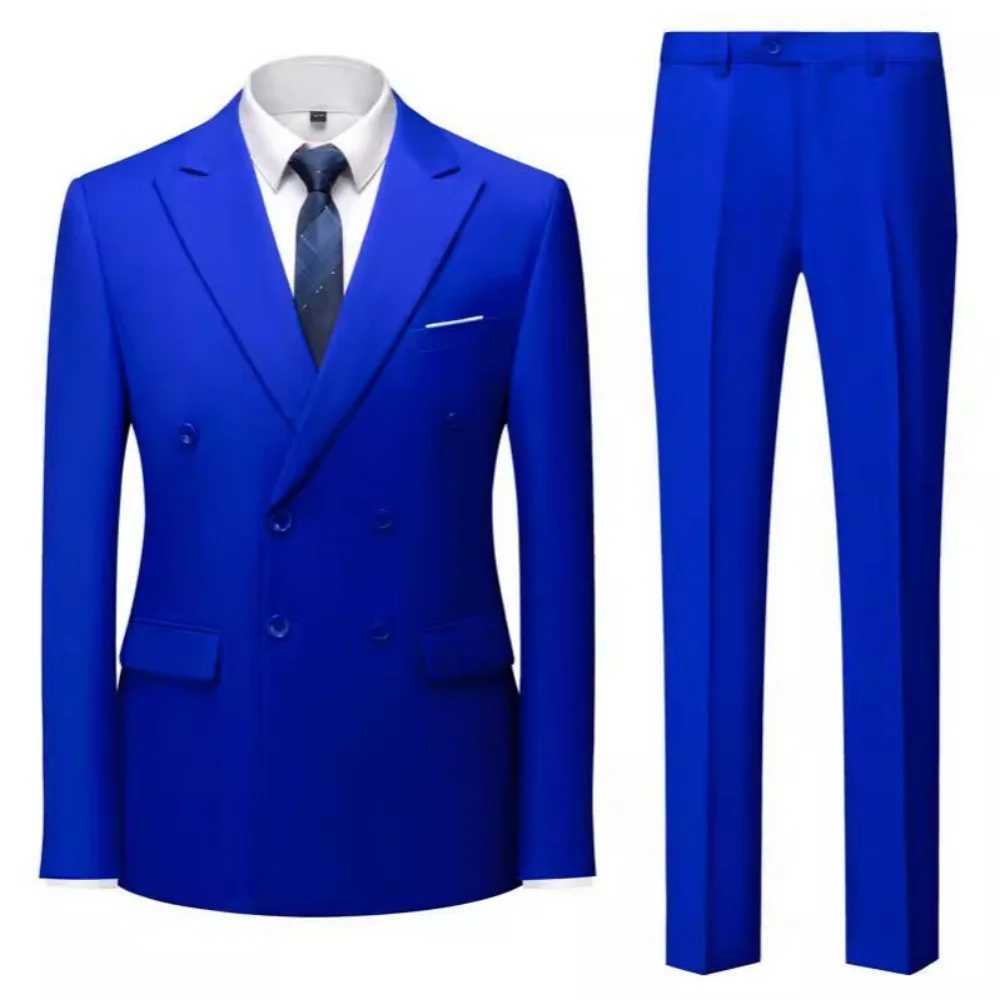 Solid Man Double-breasted 2 Piece Outfit Set Peak Lapel Wedding Business Casual Stage Costume Graduation Suit M260313