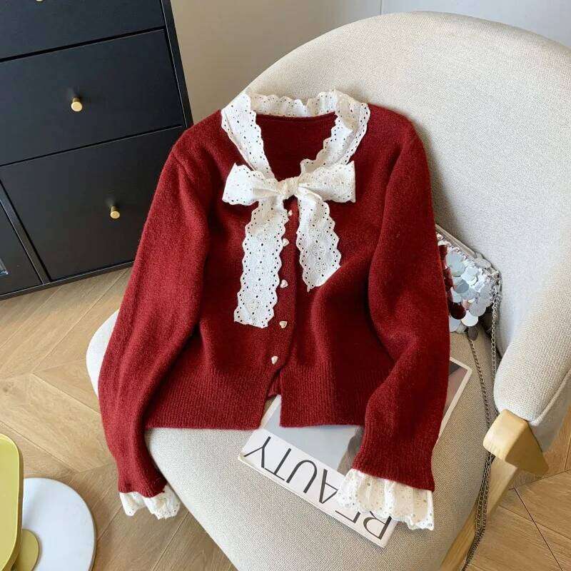 Lace Bow Knitting Cardigan Women Autumn Winter Elegant Slim Temperament Solid Color Sweater Coat Fashion All-match Knitwear Tops Z260313