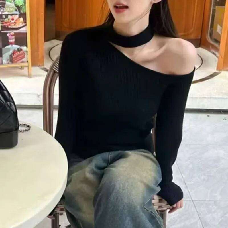 Autumn Korean Style Women Pullover Tops Off Shoulder Long Sleeve Knitted Sweaters Female Jumpers Solid Basic Sweater Z260313