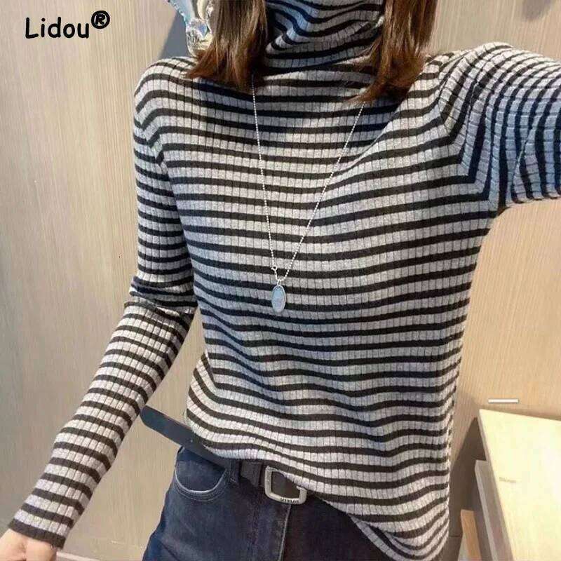 Autumn Winter Striped Turtleneck Knitted sweaters for women 2022 new long sleeve top Women sweater All-match bottoming shirt Z260314