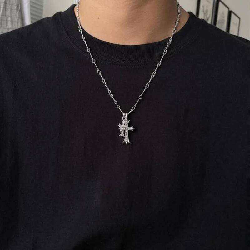 Aesthetic Vintage Double Cross Pendant Necklace Man Silver Color Chain Choker Grunge Goblincore Women Goth Accessories Jewelry H260312
