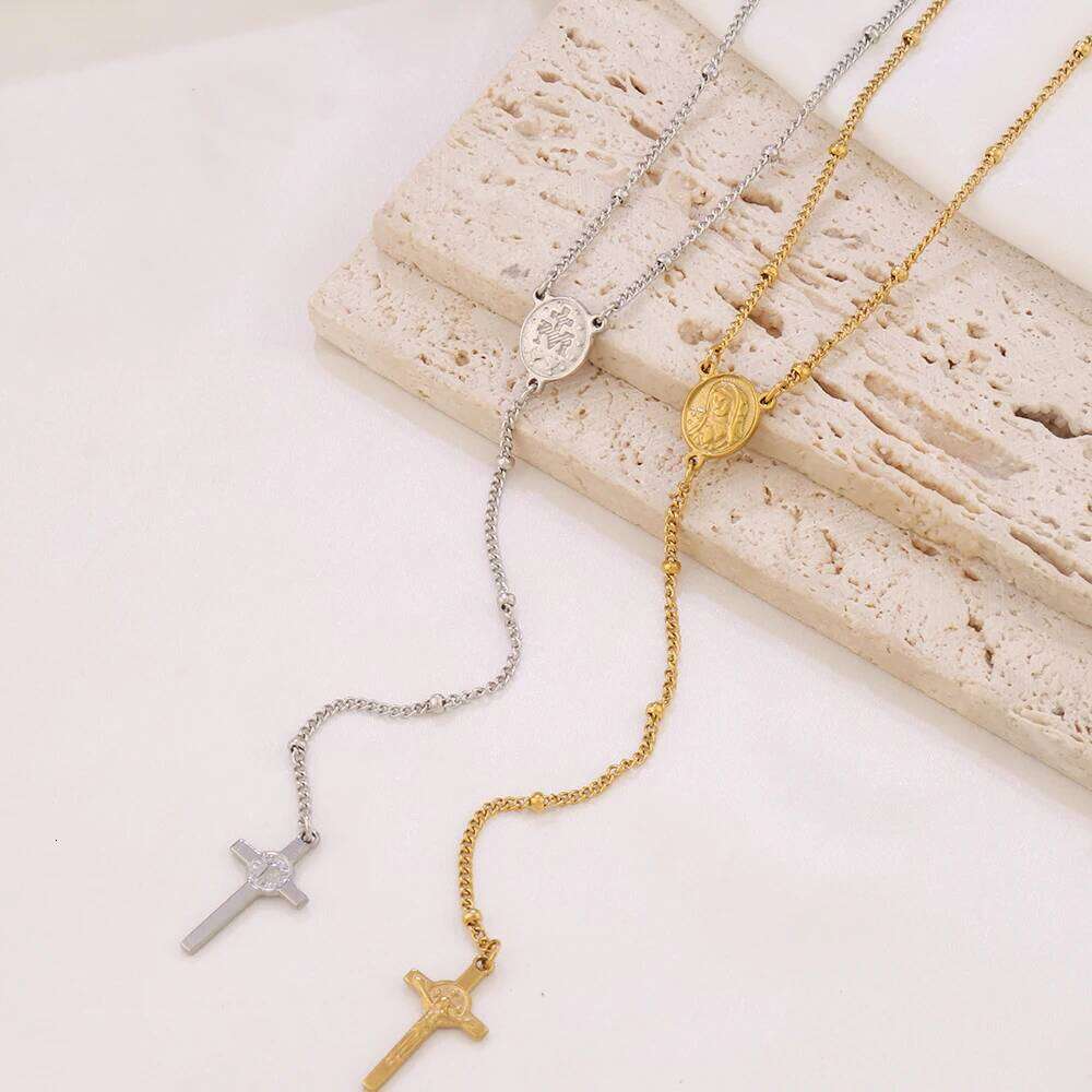 316 Stainless Steel Vintage Cross Religious Rosary Pendant Necklace Women Men Jesus Christ Sweater Chain Necklaces Jewelry Gifts H260312