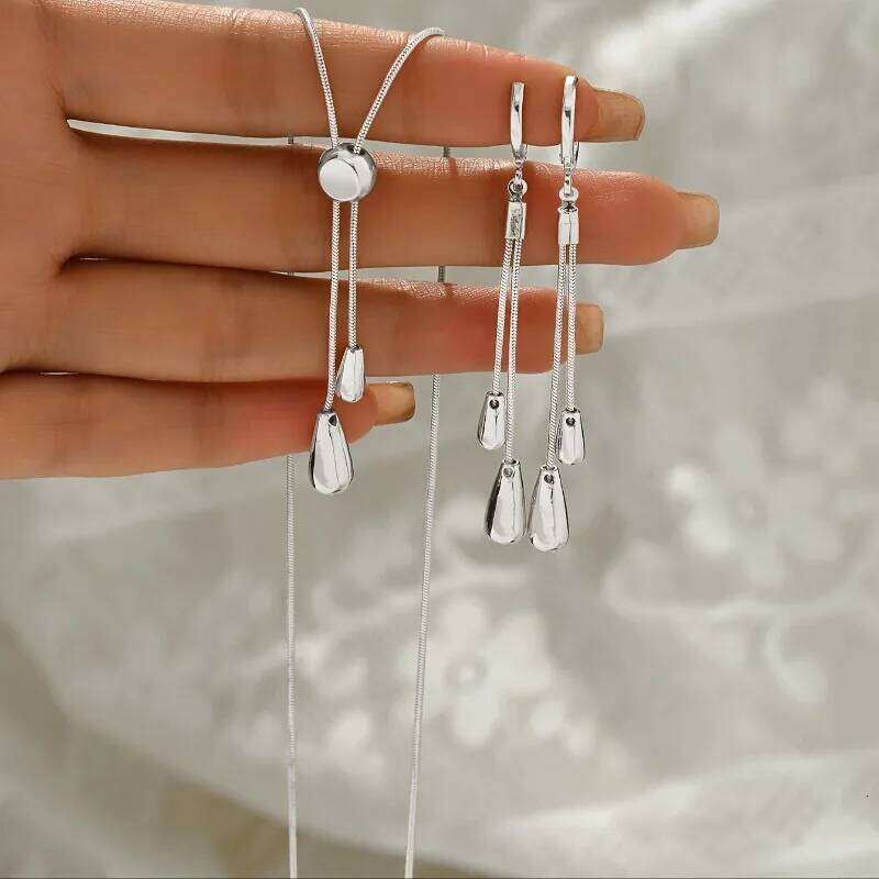 Adjustable Chain Necklace with Simple Drop Pendant Female Long Sweater Fashion Jewelry Gift Ornament Earring Set H260312
