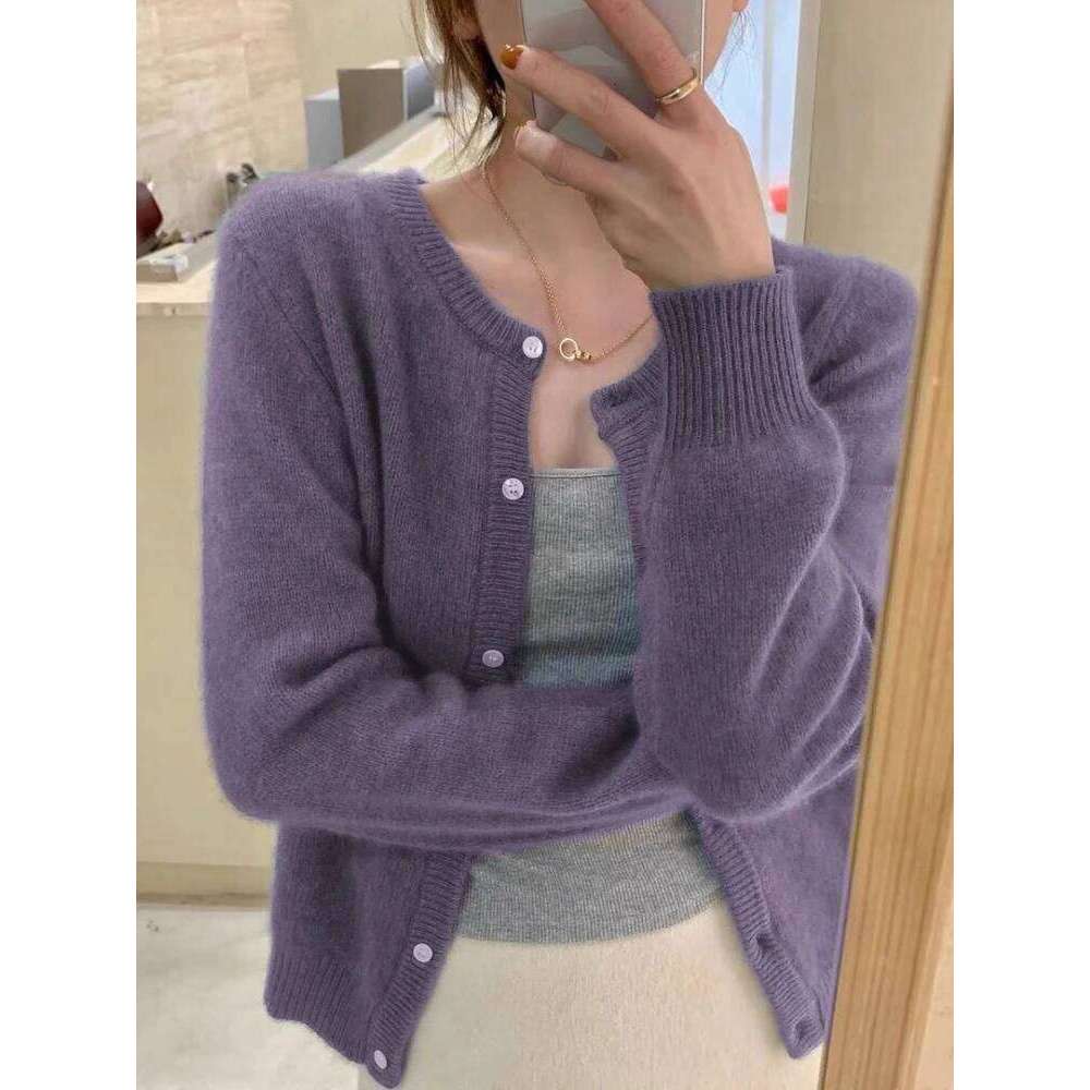 2026 Korean Knitted Cardigan Women's Autumn Winter Fashion O-Neck Versatile Slimming Basis Sweater Long Sleeve Vintage Y2k Tops Z260313